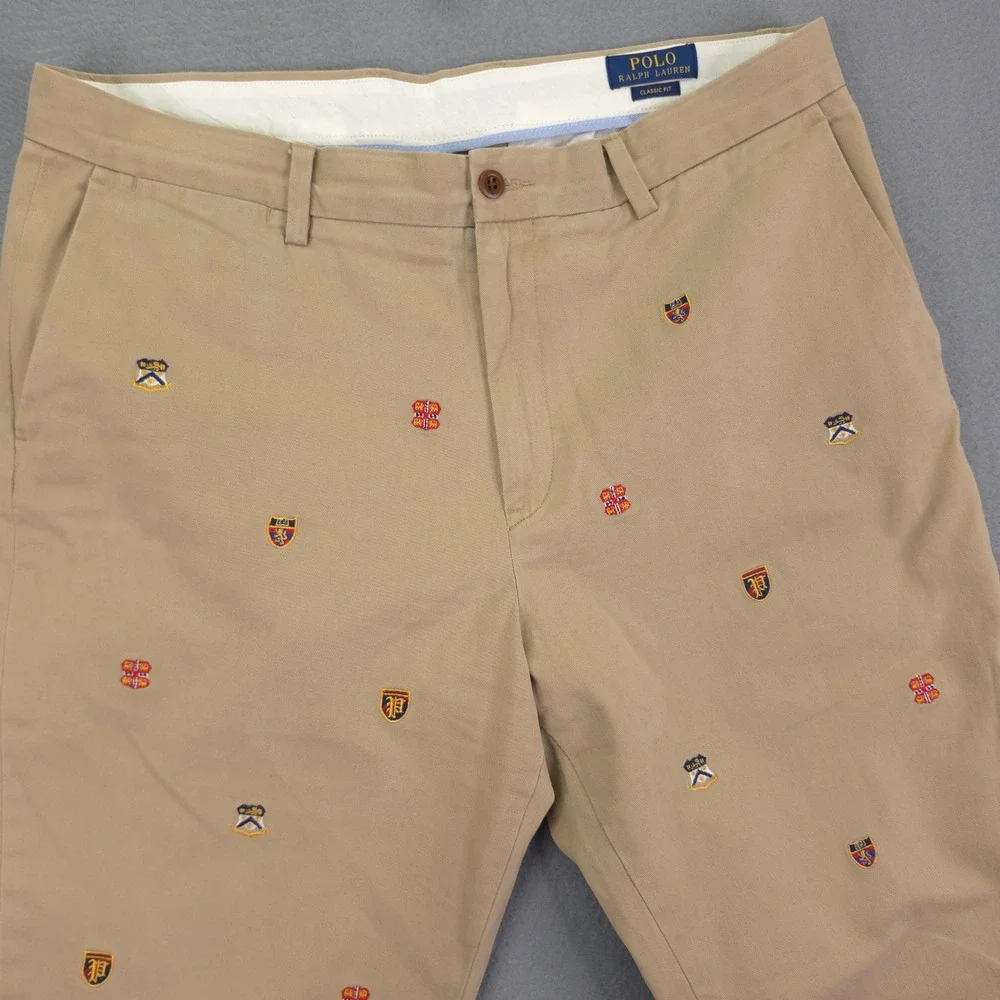 POLO RALPH LAUREN Chino Pants Crest Embroidery Khaki 35x32 Classic Fit Cotton